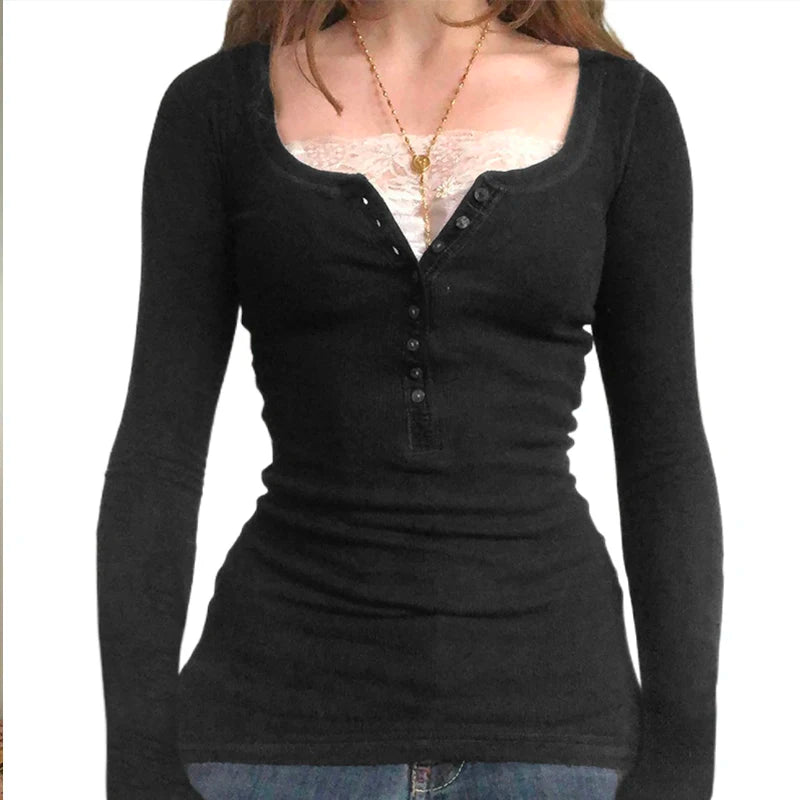00s Retro Cottage Grunge T-shirt Autumn Ribbed Knitted Long Sleeve Slim Fit Tees Y2K Fairy 90s Vintage V Neck Crop Tops Women