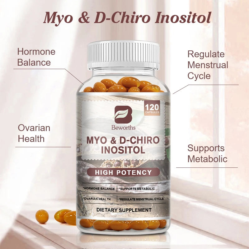 Capsule di inositolo Beworths Myo-Inositol&D-Chiro per la salute riproduttiva delle donne. Supporta la salute ovarica e della fertilità. Equilibrio ormonale.