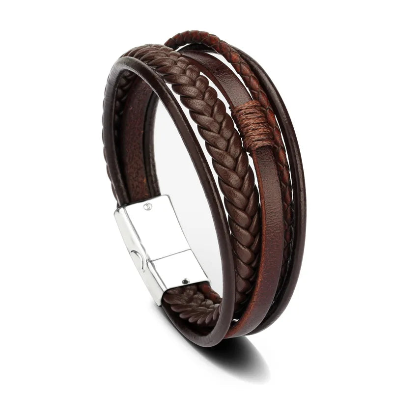 Bracciali in pelle alla moda per uomo, bracciale in acciaio inossidabile da 21 cm, braccialetti a corda intrecciata multistrato per gioielli maschili, regalo