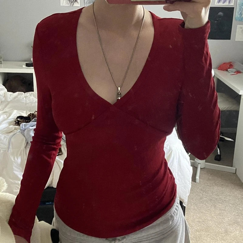 00s Retro Cottage Grunge T-shirt Autumn Ribbed Knitted Long Sleeve Slim Fit Tees Y2K Fairy 90s Vintage V Neck Crop Tops Women