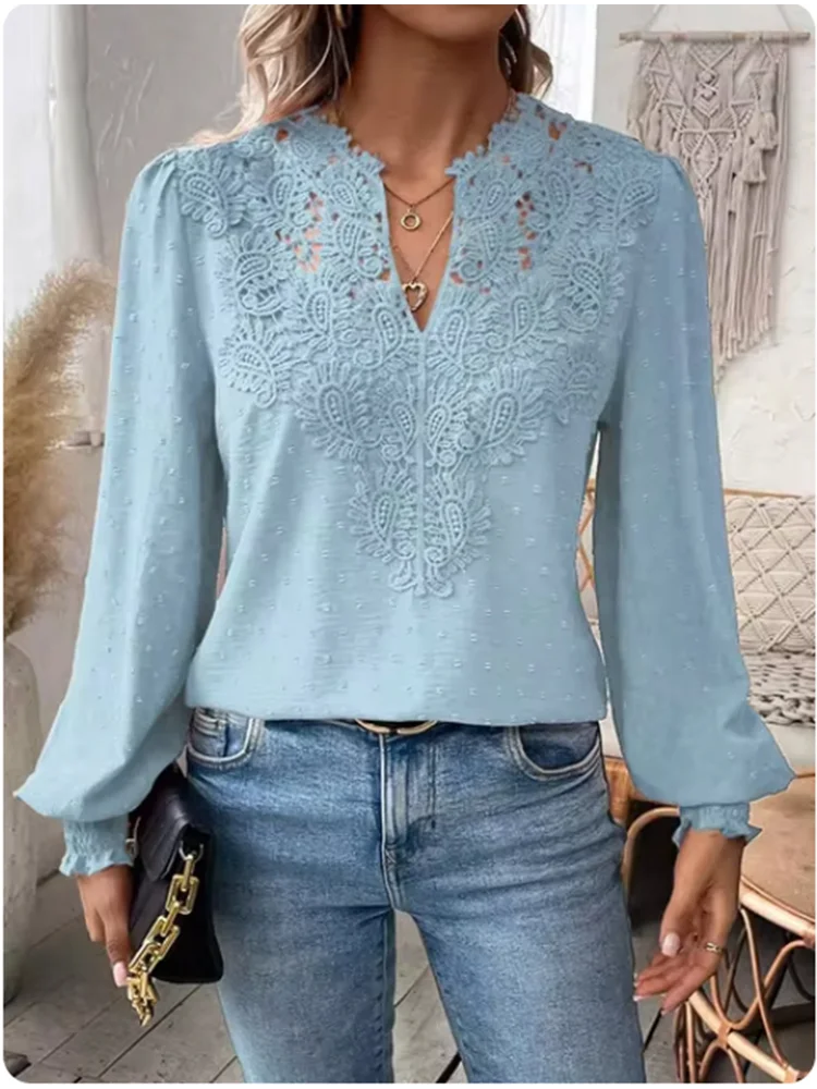 Sexy Lace Long Sleeved V-neck Solid Color Women's T-shirt Elegant Daily Street Versatile Autumn Casual Top