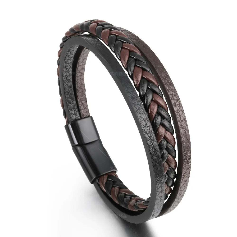 Bracciali in pelle alla moda per uomo, bracciale in acciaio inossidabile da 21 cm, braccialetti a corda intrecciata multistrato per gioielli maschili, regalo
