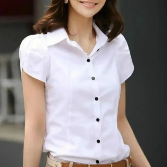 Summer Women Shirt Solid Color Lapel Petal Short Sleeve Pocket Button-up Blouse Slim Fit Single Breasted Lady Shirt Tops