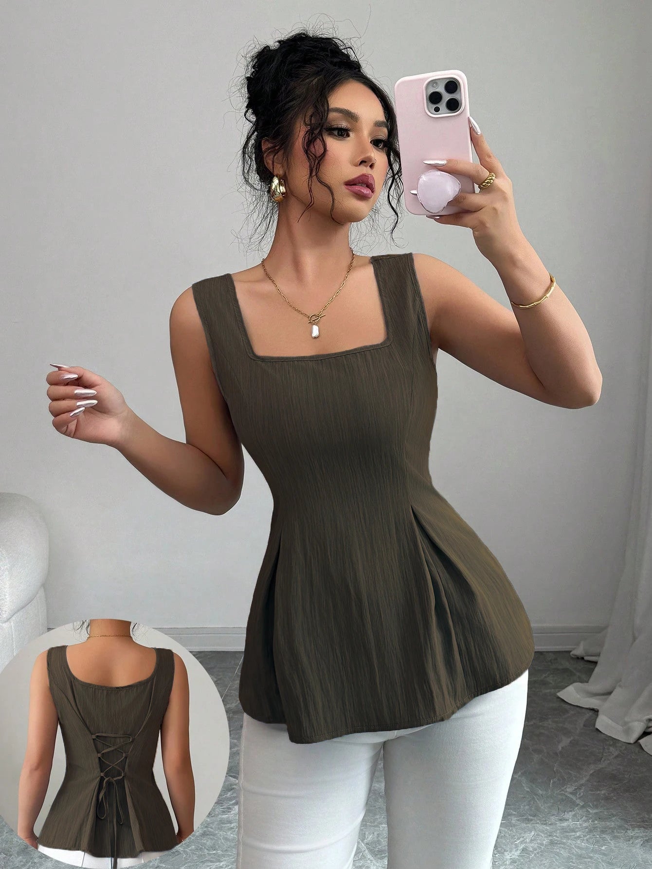 Sleeveless camisole drawstring top, summer French vest, slim fit pullover, women's clothing