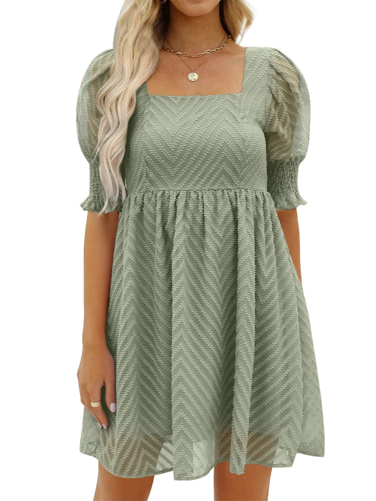 Women's Summer Dress 2023 Casual Flowy Beach Square Neck Lantern Short Sleeve Pleated A Line Dress Tie Mini Dress