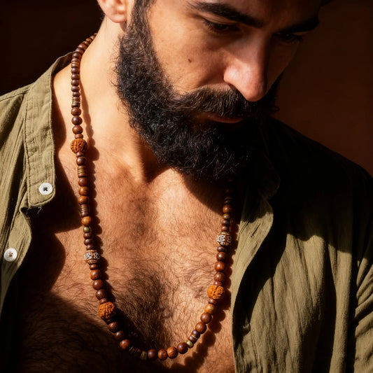 Bracciali da uomo a strati con perline, catena lunga in legno di noce, stile hip hop retrò bohémien, collane impilabili con perline per protezione.