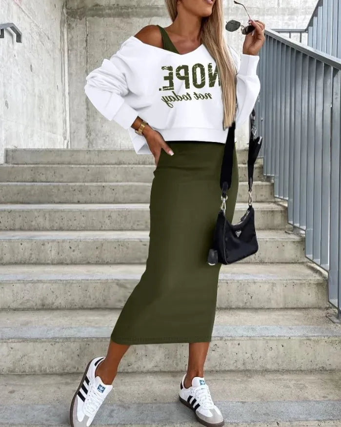 Abbigliamento donna Sense Of Design Nuovi Arrivi Primavera Autunno Abbigliamento Donna Maglione Cappotto Base Slim Fit Gonna Completo Due Pezzi