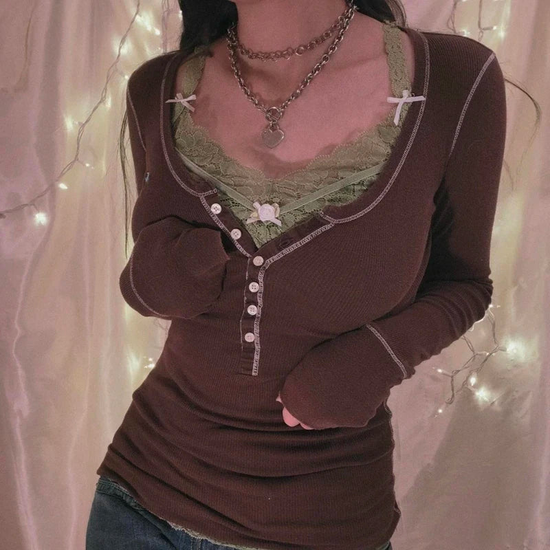 00s Retro Cottage Grunge T-shirt Autumn Ribbed Knitted Long Sleeve Slim Fit Tees Y2K Fairy 90s Vintage V Neck Crop Tops Women
