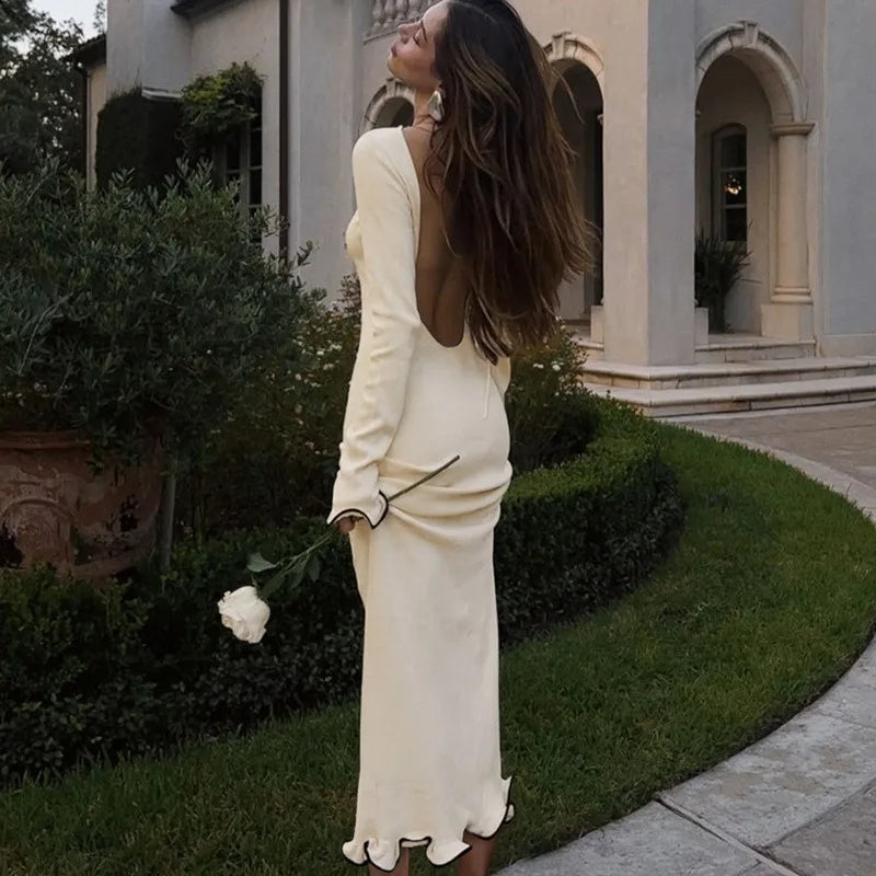 New Women Dresses Autumn Fashion Elegant Round Neck Pleat Long Sleeve Casual Slim Maxi Dress Lady Sexy Backless Club Party Dress
