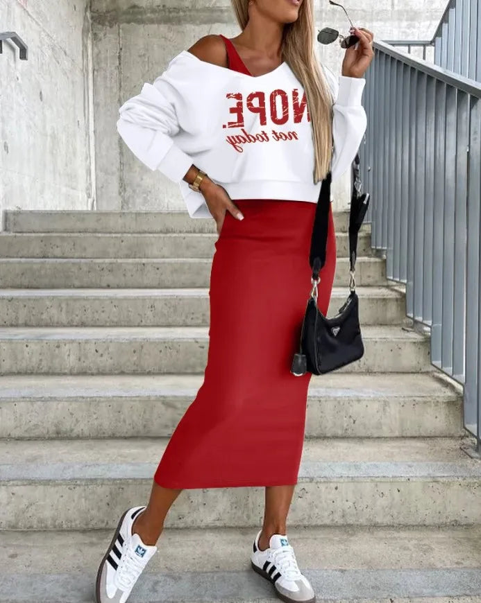 Abbigliamento donna Sense Of Design Nuovi Arrivi Primavera Autunno Abbigliamento Donna Maglione Cappotto Base Slim Fit Gonna Completo Due Pezzi