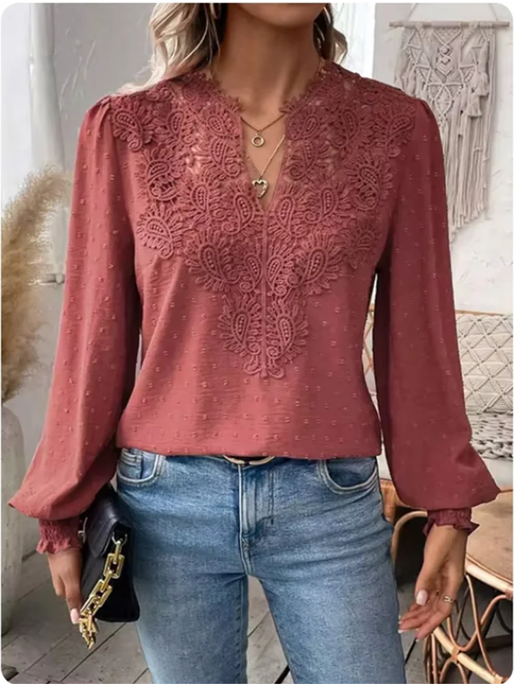 Sexy Lace Long Sleeved V-neck Solid Color Women's T-shirt Elegant Daily Street Versatile Autumn Casual Top