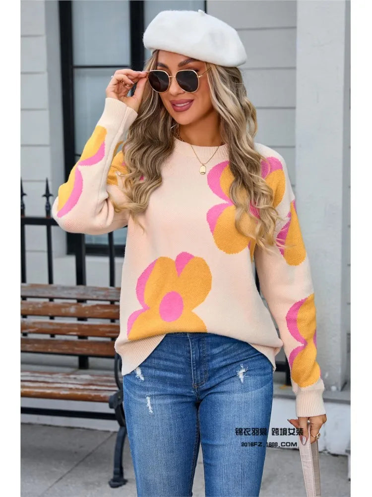 2024 Autumn Winter New Women's Fashion Printed Sweater Round Neck Fashion Large Flower Leisure Comfortable Long Sleeve Sweater
