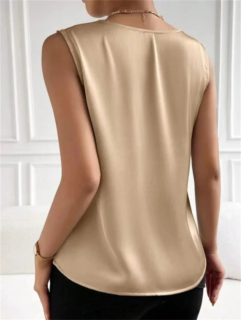 Women's vest elegant temperament V-neck vest summer vacation simple solid color fashion all-matching sleeveless top