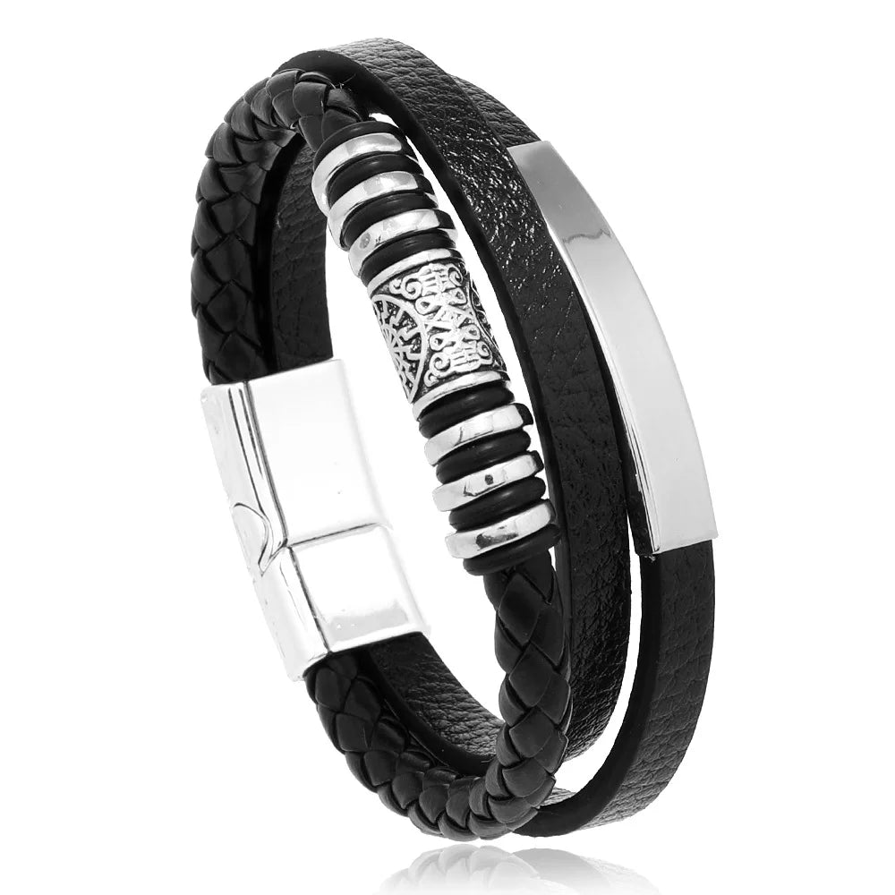 Bracciali in pelle alla moda per uomo, bracciale in acciaio inossidabile da 21 cm, braccialetti a corda intrecciata multistrato per gioielli maschili, regalo