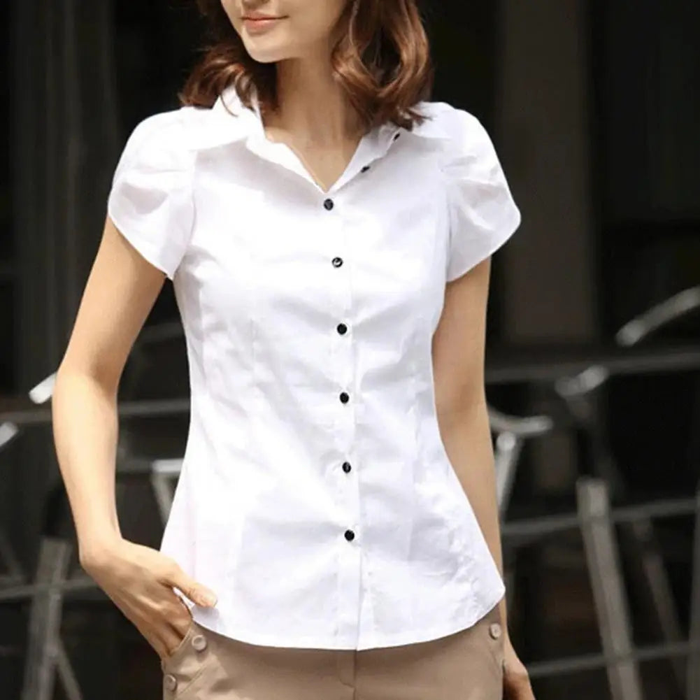 Summer Women Shirt Solid Color Lapel Petal Short Sleeve Pocket Button-up Blouse Slim Fit Single Breasted Lady Shirt Tops