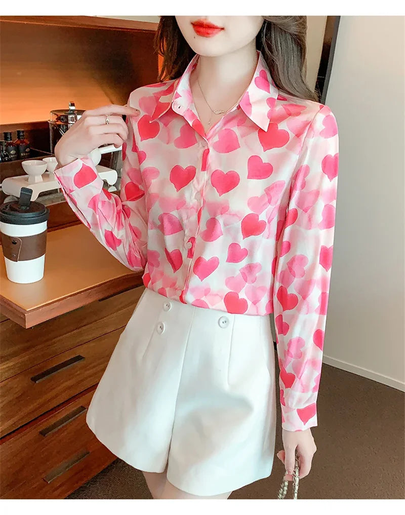Women Chiffon Shirts Elegant Work Casual Tops Spring Summer Sweet Long Sleeve Love Heart Print Pattern Office Lady Blouse Shirts