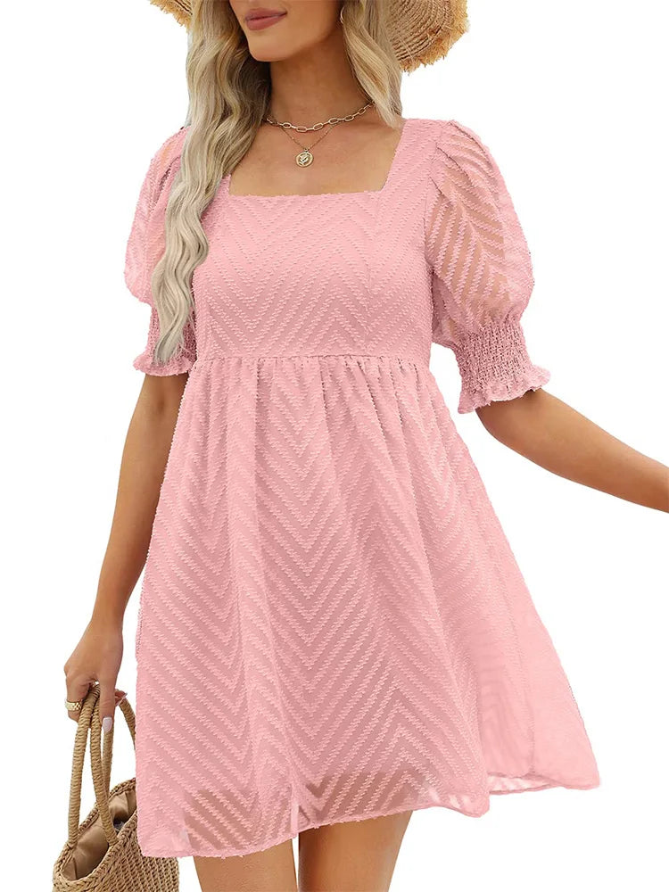 Women's Summer Dress 2023 Casual Flowy Beach Square Neck Lantern Short Sleeve Pleated A Line Dress Tie Mini Dress