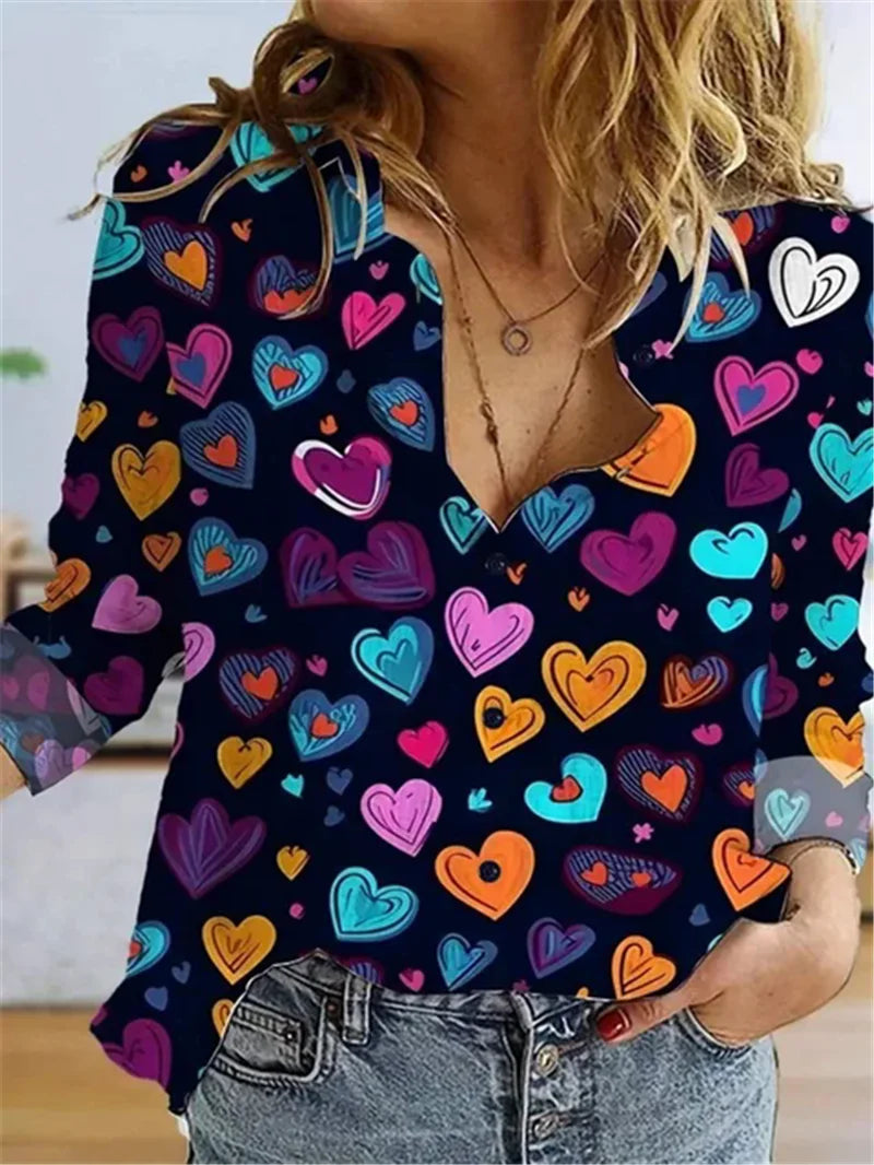 Women Chiffon Shirts Elegant Work Casual Tops Spring Summer Sweet Long Sleeve Love Heart Print Pattern Office Lady Blouse Shirts