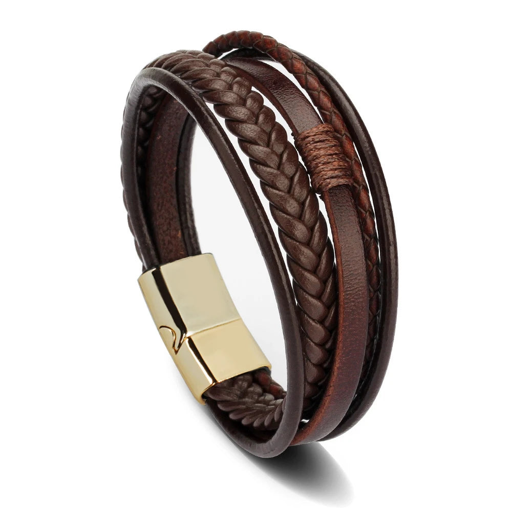 Bracciali in pelle alla moda per uomo, bracciale in acciaio inossidabile da 21 cm, braccialetti a corda intrecciata multistrato per gioielli maschili, regalo