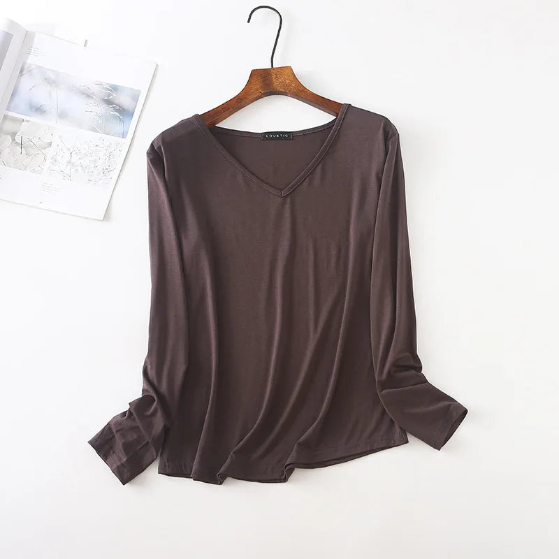 Autumn Modal Tshirt Women's Loose V Neck Bottoming T-shirts Long sleeves Casual Base Tee Tops Solid color Tee Shirts