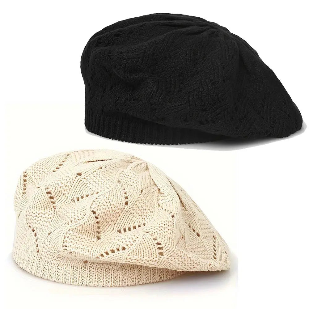 Travel Spring/Summer/Autumn Women Knit Beret Hat Plain Color Hollow French Artist Beanie Headband Thin Acrylic Berets Outdoor