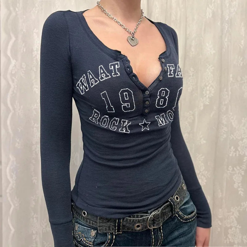 Letter Print Women's Tees Spring Streetwear Long Sleeves O-Neck Bodycon Black Sexy Top Button Fashion Casual Slim T-shirt Female