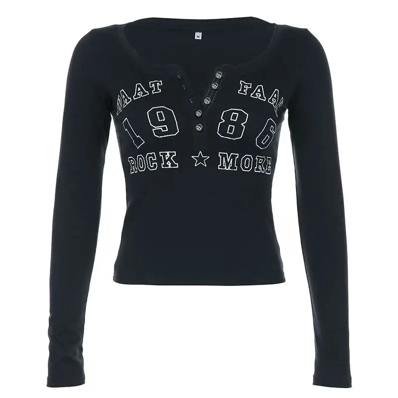 Black Hottie T-shirts Women Autumn Letter Print Streetwear Long Sleeves Bodycon Sexy Tops Button Fashior Casual Slim Tees Female