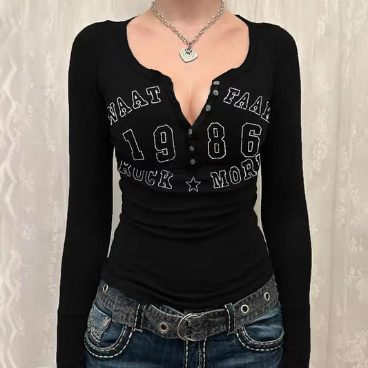 Black Hottie T-shirts Women Autumn Letter Print Streetwear Long Sleeves Bodycon Sexy Tops Button Fashior Casual Slim Tees Female