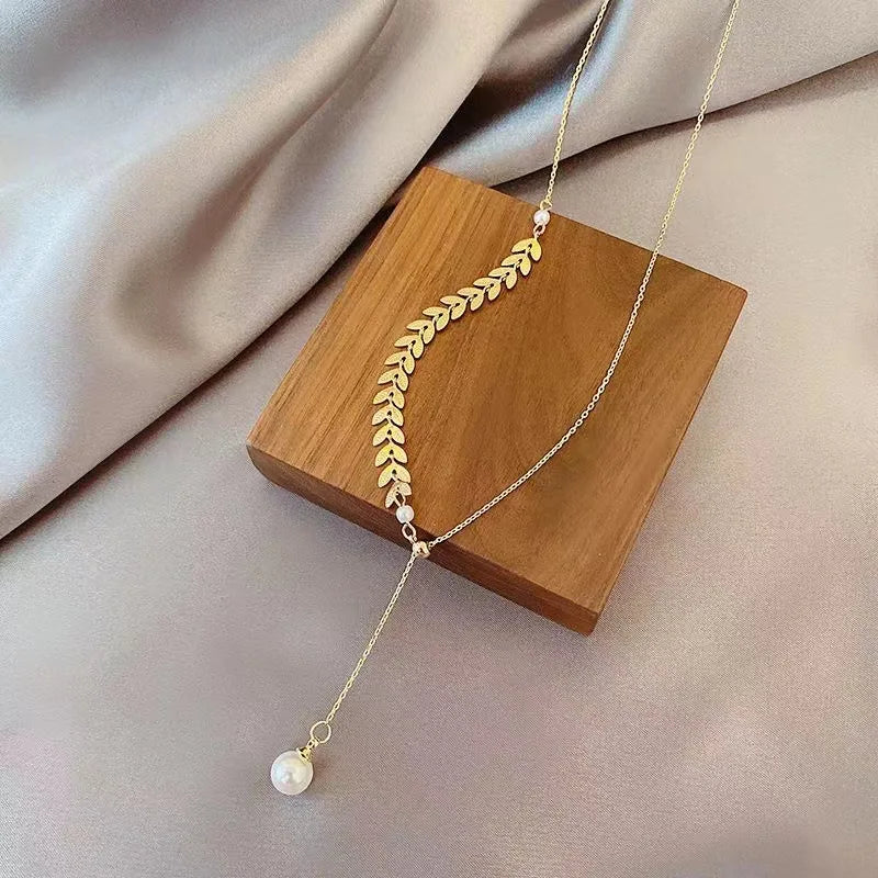 Gioielli con collana, orecchini e bracciale di perle semplici con spighe di grano per donne, collane con ciondoli e braccialetti color oro portafortuna