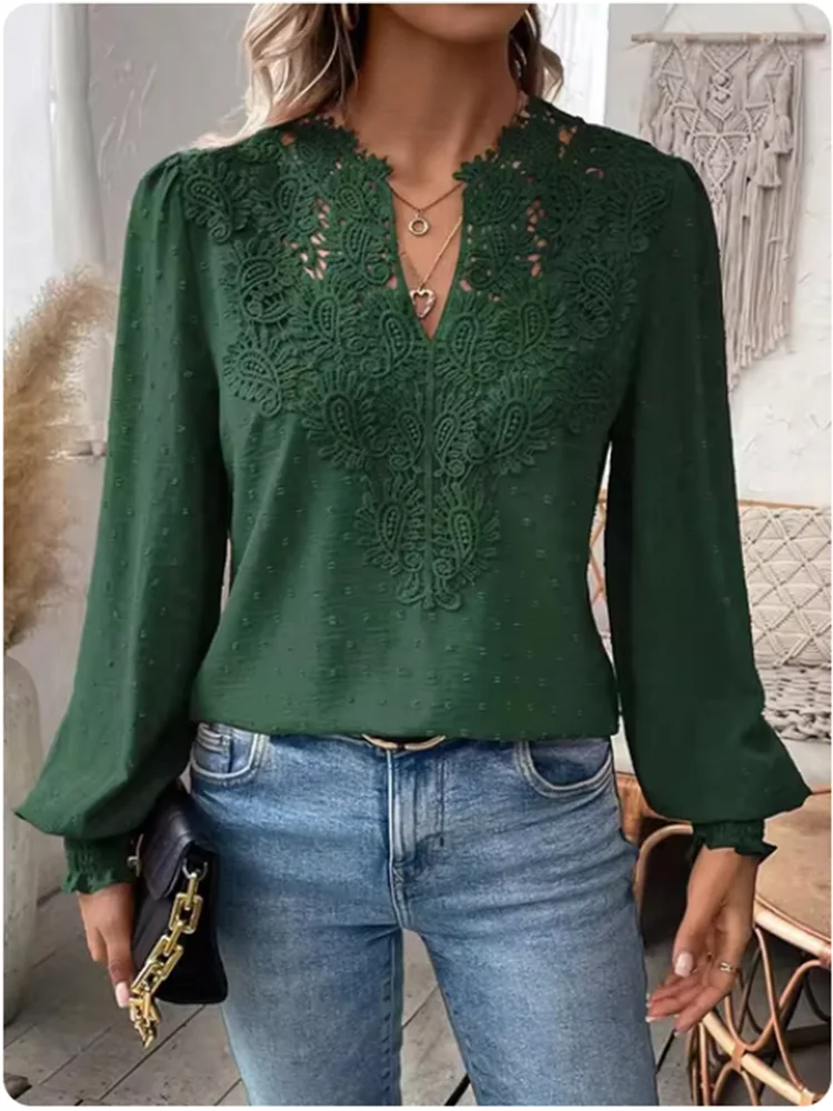 Sexy Lace Long Sleeved V-neck Solid Color Women's T-shirt Elegant Daily Street Versatile Autumn Casual Top