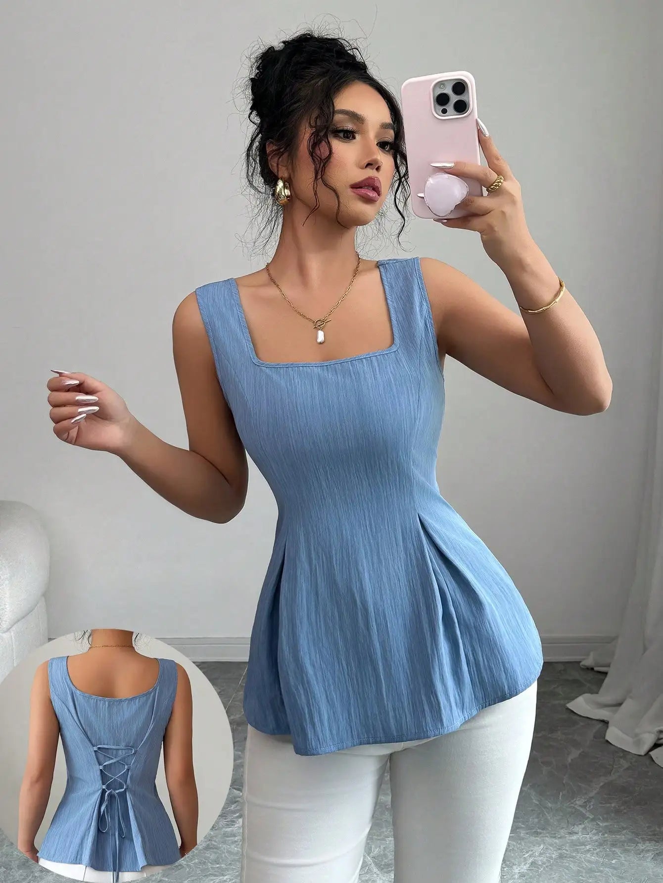 Sleeveless camisole drawstring top, summer French vest, slim fit pullover, women's clothing