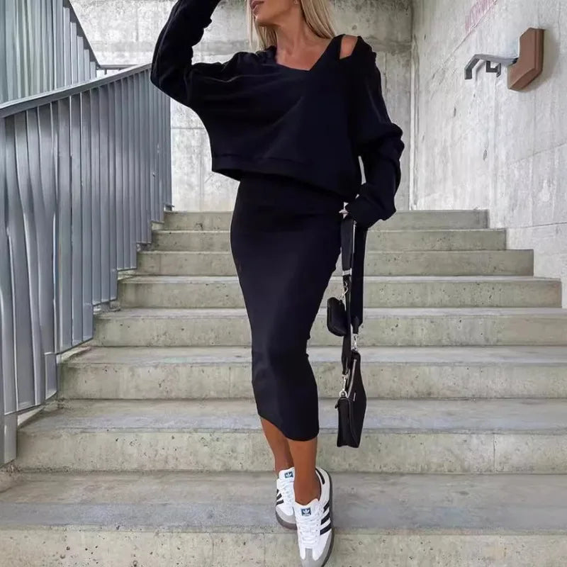 Abbigliamento donna Sense Of Design Nuovi Arrivi Primavera Autunno Abbigliamento Donna Maglione Cappotto Base Slim Fit Gonna Completo Due Pezzi