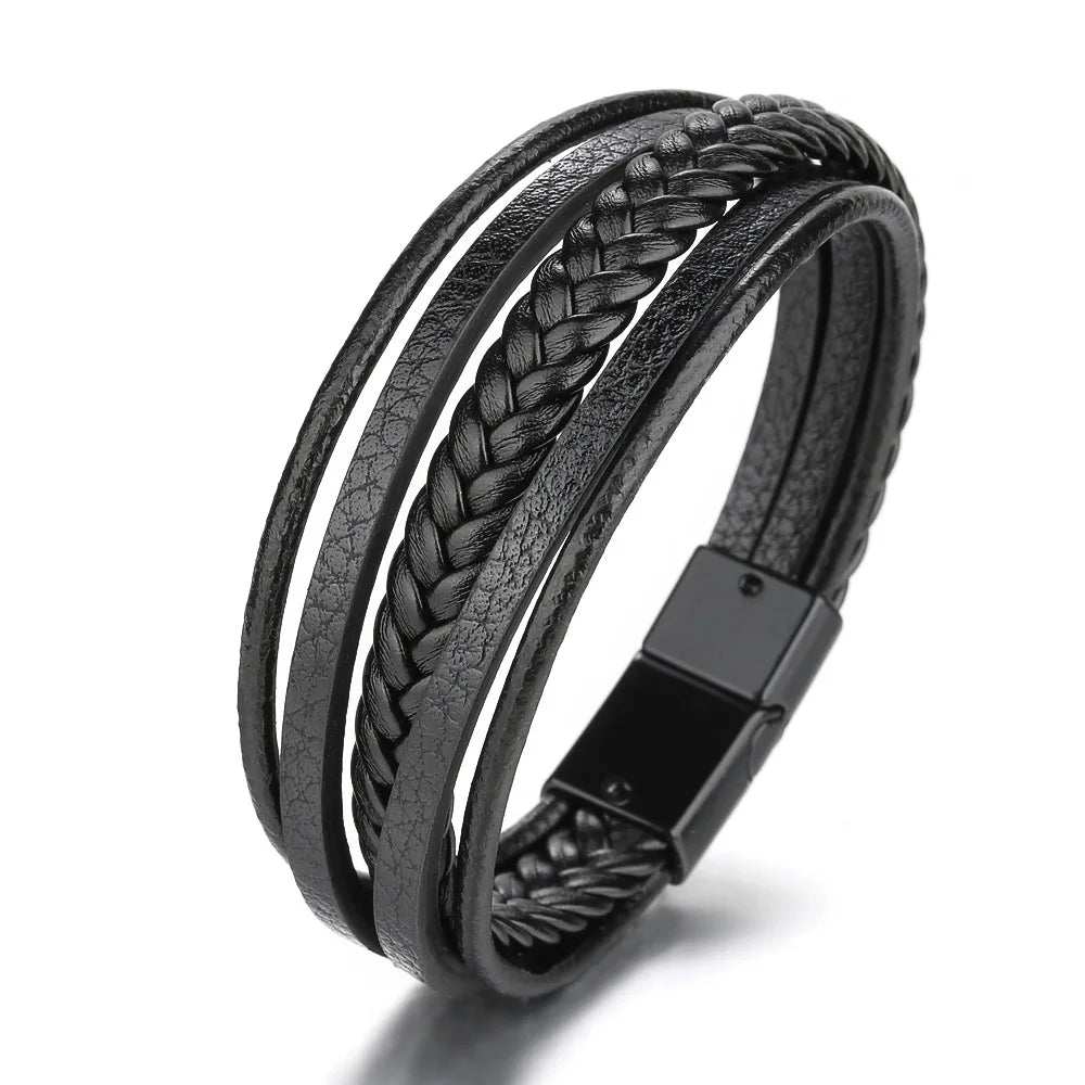 Bracciali in pelle alla moda per uomo, bracciale in acciaio inossidabile da 21 cm, braccialetti a corda intrecciata multistrato per gioielli maschili, regalo