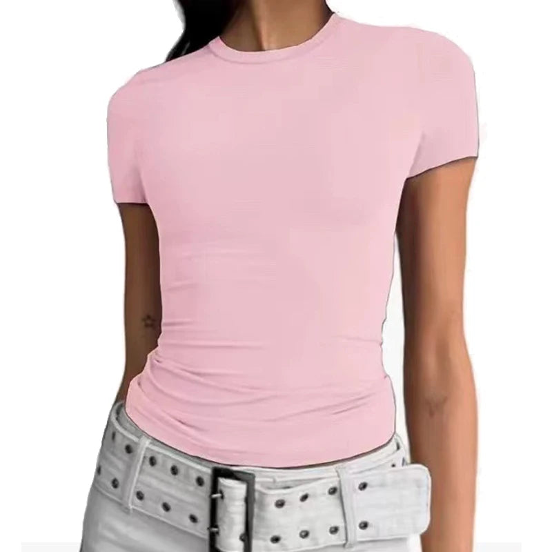 2024 Spring Autumn Women Y2K Pink T-Shirt Causal Long Sleeve Crop Tops O Neck Pullovers Base Tees Bodycon Slim Fit T Shirt