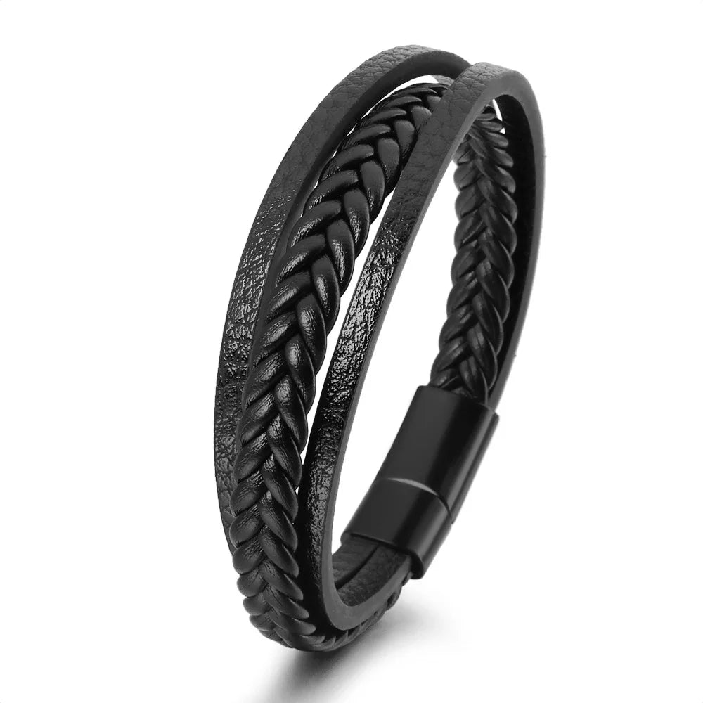 Bracciali in pelle alla moda per uomo, bracciale in acciaio inossidabile da 21 cm, braccialetti a corda intrecciata multistrato per gioielli maschili, regalo
