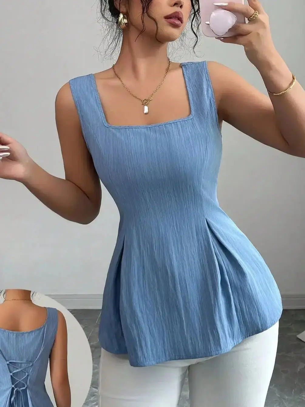 Sleeveless camisole drawstring top, summer French vest, slim fit pullover, women's clothing