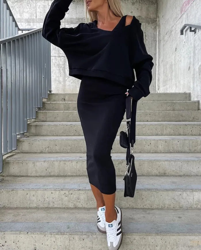 Abbigliamento donna Sense Of Design Nuovi Arrivi Primavera Autunno Abbigliamento Donna Maglione Cappotto Base Slim Fit Gonna Completo Due Pezzi