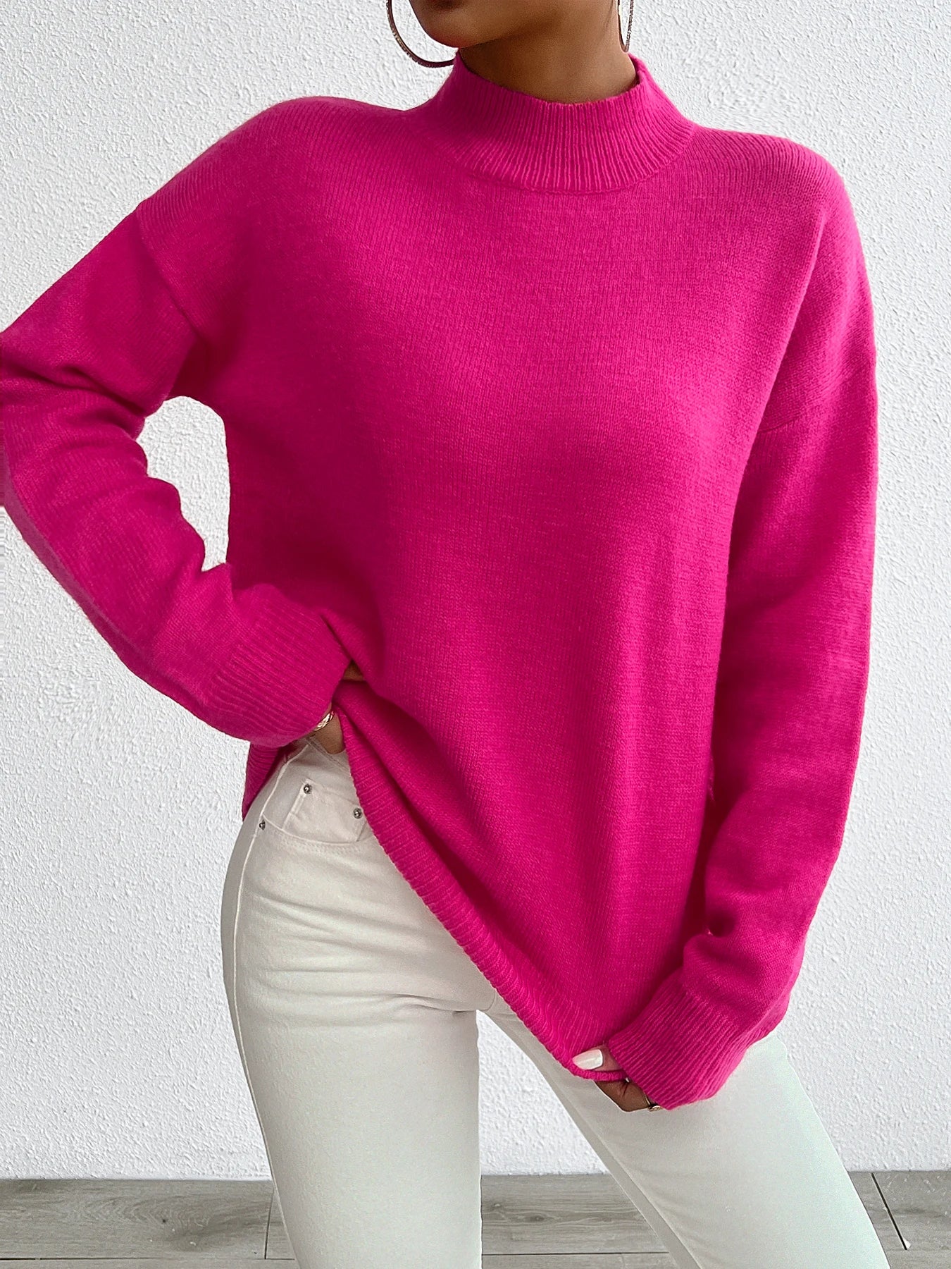 nch style small high neck off shoulder pullover sweater