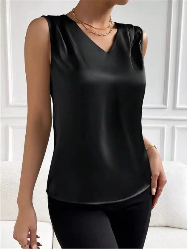 Women's vest elegant temperament V-neck vest summer vacation simple solid color fashion all-matching sleeveless top
