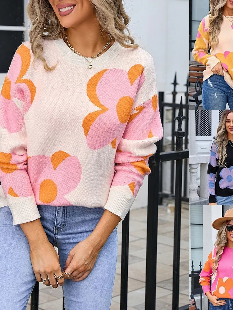 2024 Autumn Winter New Women's Fashion Printed Sweater Round Neck Fashion Large Flower Leisure Comfortable Long Sleeve Sweater