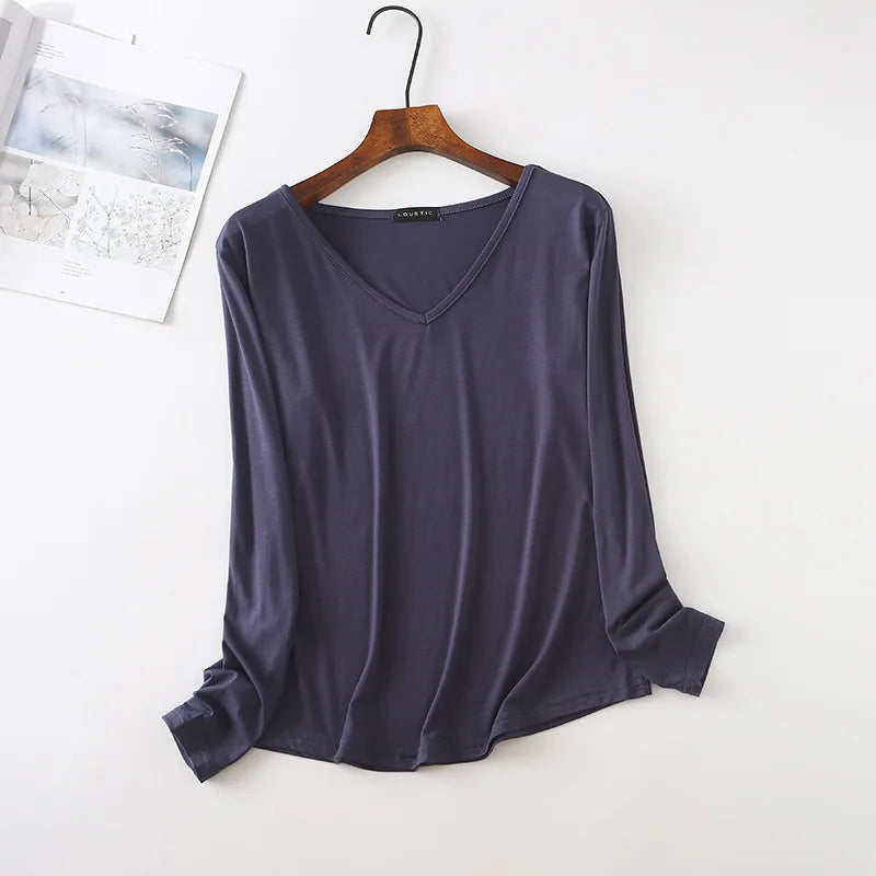 Autumn Modal Tshirt Women's Loose V Neck Bottoming T-shirts Long sleeves Casual Base Tee Tops Solid color Tee Shirts
