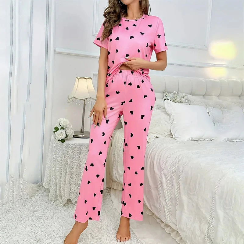 Casual Heart Print Pajama Set Autumn Short Sleeve Crew Neck Top & Elastic Pants For Valentine's Day Women Sleepwear & Loungewear