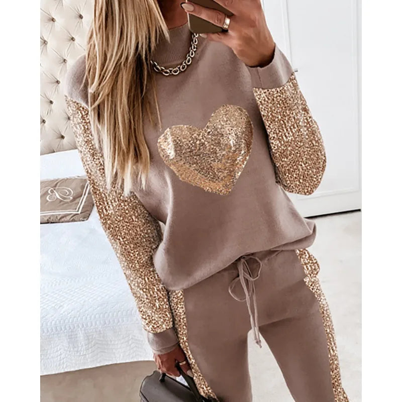2024 Autumn Winter New Women's Khaki Love Sequins round Neck Long Sleeve Top Drawstring Trousers Casual Suit