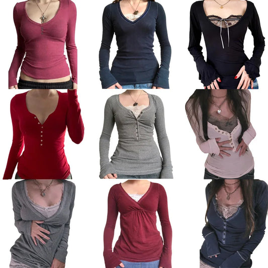 00s Retro Cottage Grunge T-shirt Autumn Ribbed Knitted Long Sleeve Slim Fit Tees Y2K Fairy 90s Vintage V Neck Crop Tops Women