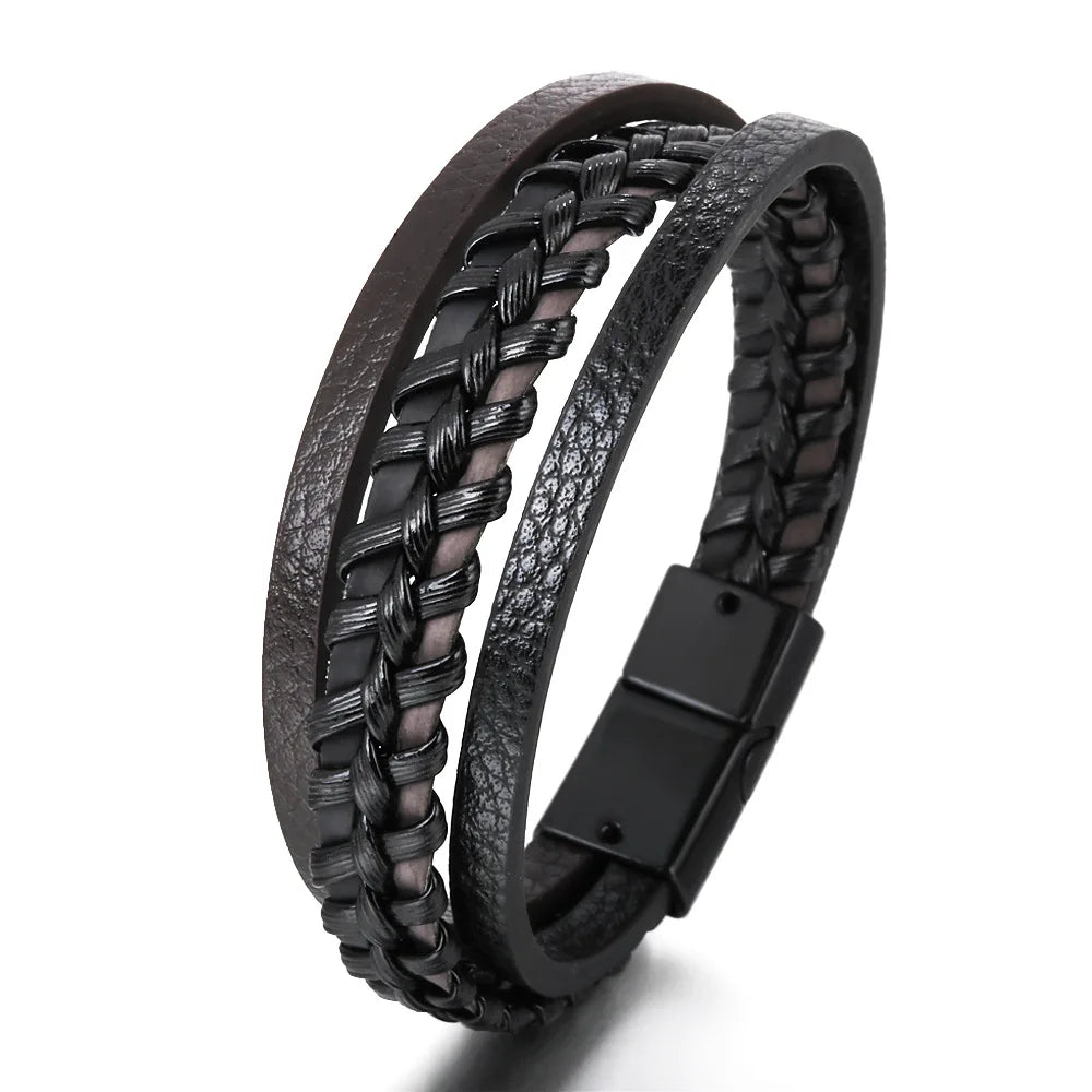 Bracciali in pelle alla moda per uomo, bracciale in acciaio inossidabile da 21 cm, braccialetti a corda intrecciata multistrato per gioielli maschili, regalo