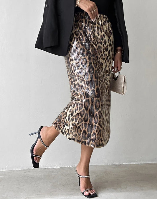 Abito da donna in stile urbano per pendolari, autunno inverno 2024, ultima moda, gonna con paillettes all-over e motivo leopardato, gonna a vita alta
