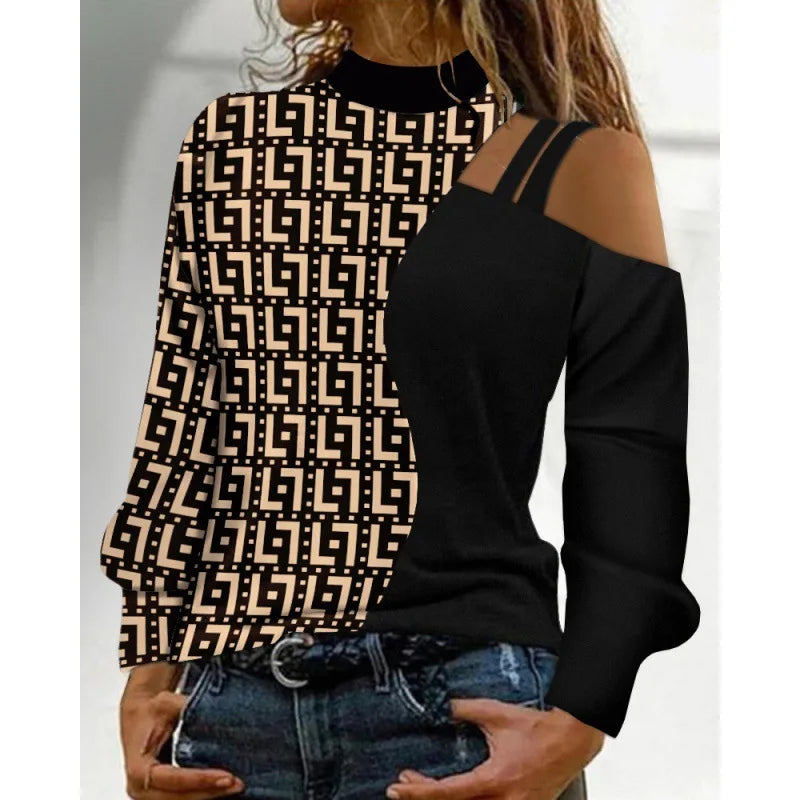 Autumn Winter Fashion Sexy Off Shoulder Print Tops 2023 Women Elegant O-neck Long Sleeve Office Lady Female Party Chic Blouse
