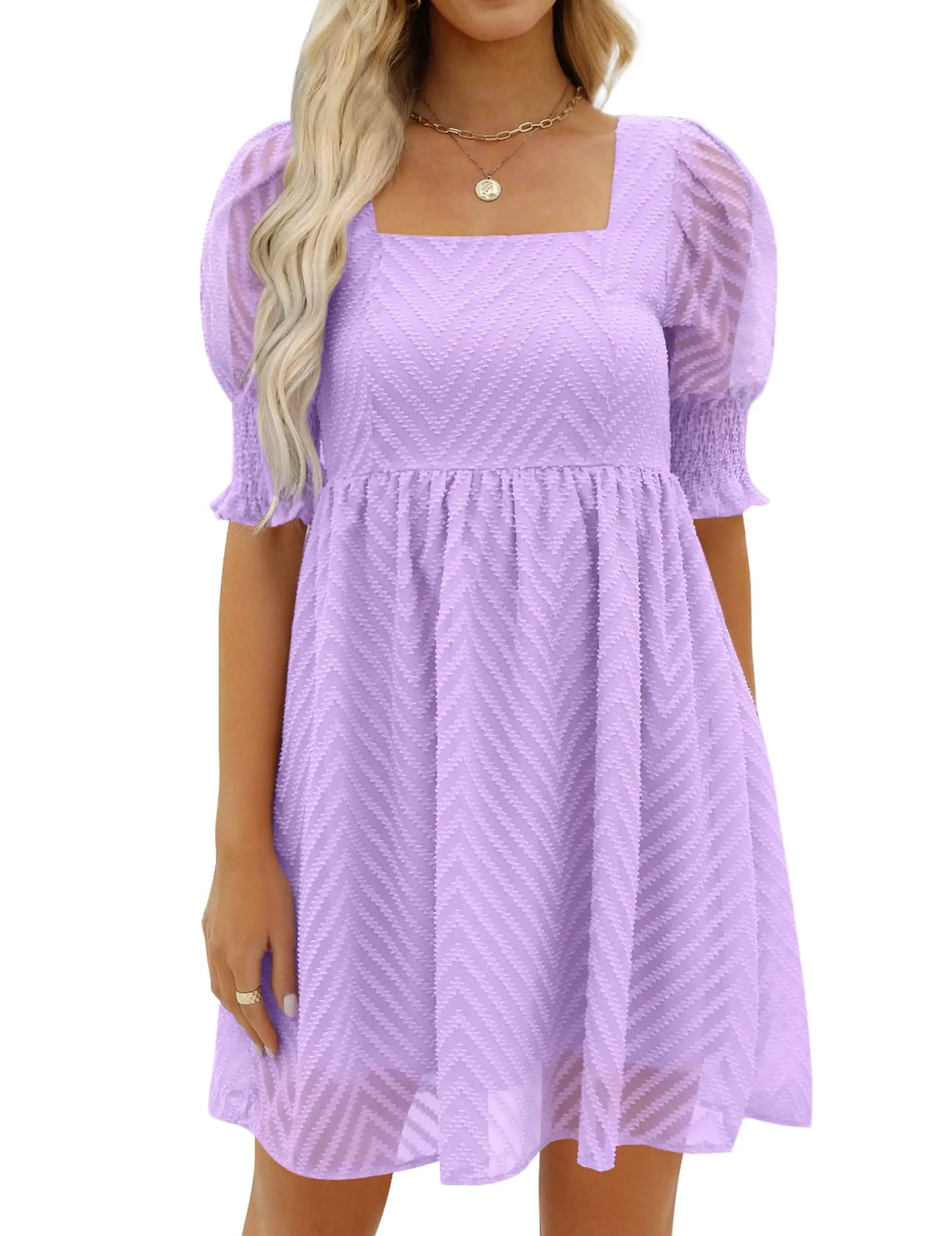 Women's Summer Dress 2023 Casual Flowy Beach Square Neck Lantern Short Sleeve Pleated A Line Dress Tie Mini Dress