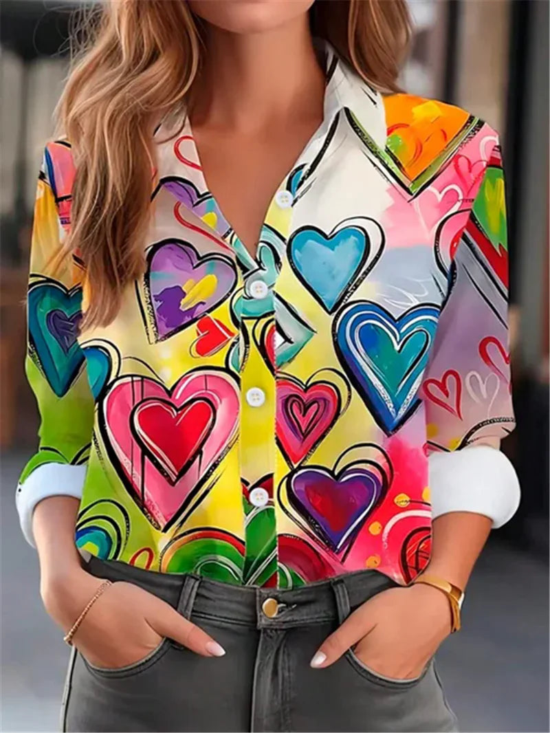 Women Chiffon Shirts Elegant Work Casual Tops Spring Summer Sweet Long Sleeve Love Heart Print Pattern Office Lady Blouse Shirts