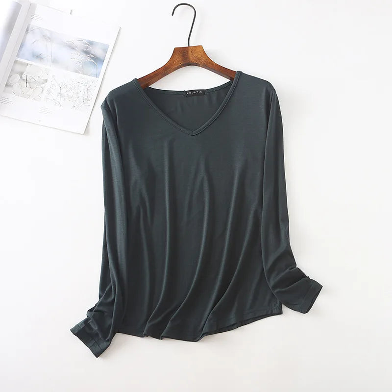 Autumn Modal Tshirt Women's Loose V Neck Bottoming T-shirts Long sleeves Casual Base Tee Tops Solid color Tee Shirts